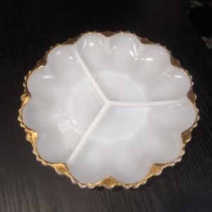 Vintage Fire Hocking Gold Trimmed Round Divided Serving Dish , Milk Glass, MCM